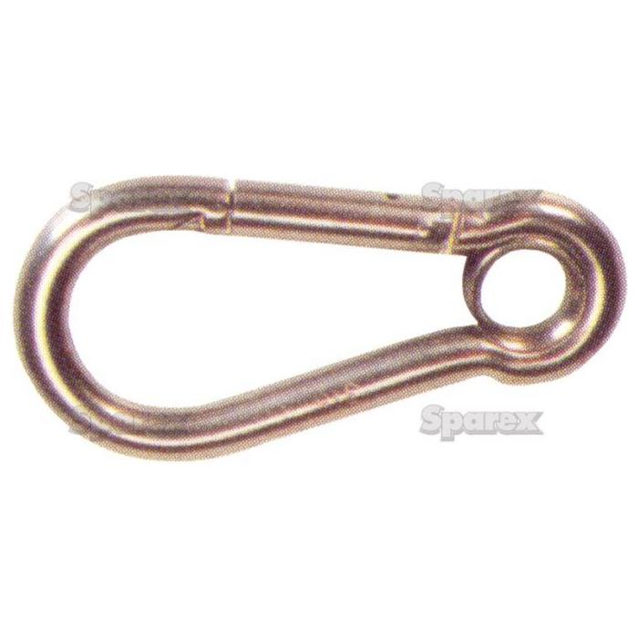 The Sparex Snap Hook, Hook Ø10mm x 100mm (Part No. S.21608) is a stainless steel carabiner clip featuring a spring-loaded gate, ideal for connecting or securing items. This 10mm snap hook is both durable and reliable for various applications.