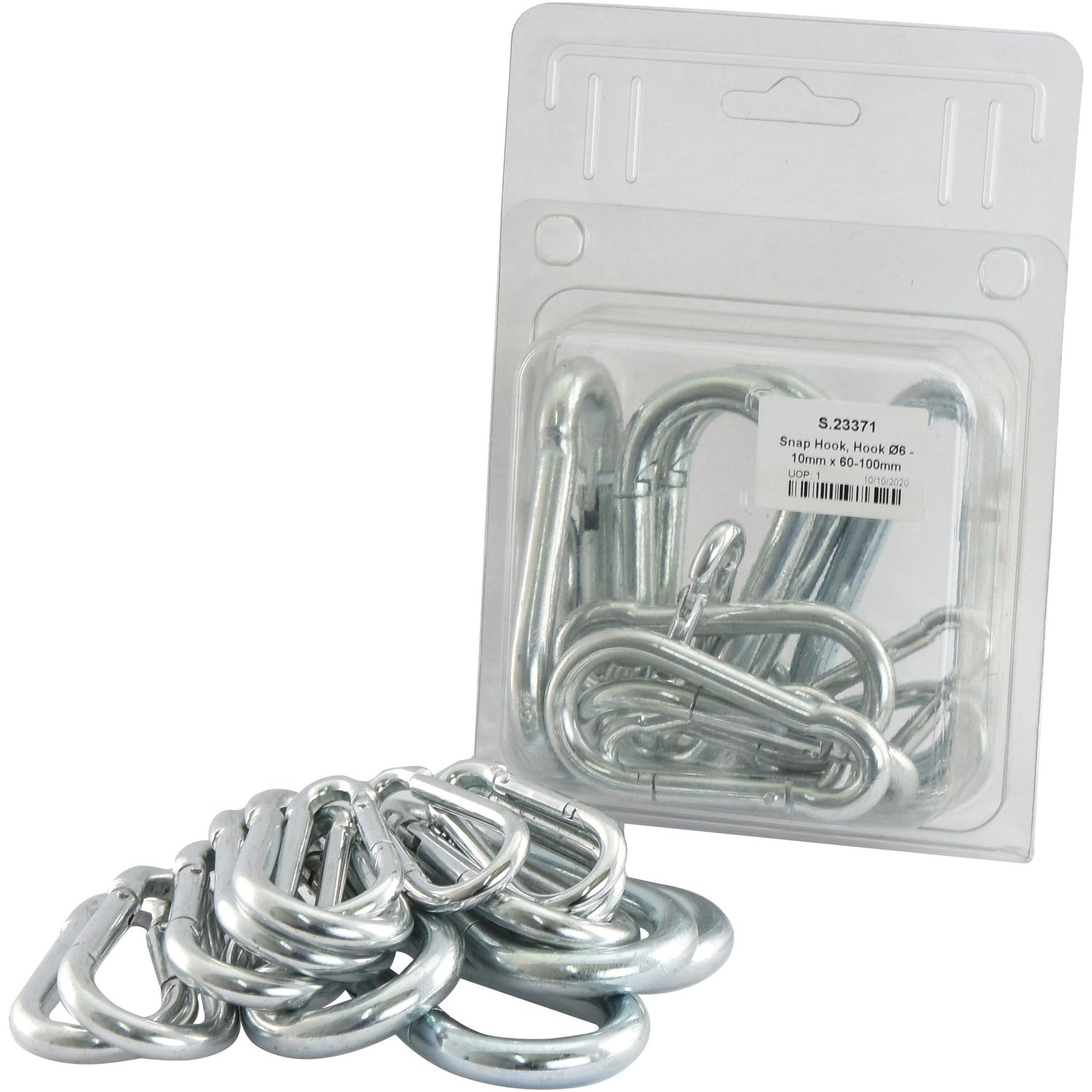 A collection of silver carabiner hooks, with several Sparex Snap Hooks displayed in front of a clear plastic package marked Agripak containing more hooks. The label on the package provides product details for Snap Hook, Hook Ø6 - 10mm x 60-100mm | Sparex Part No.S.23371.