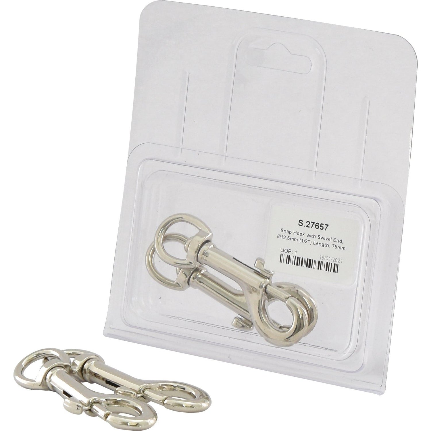 Packaged set of nickel-plated metal snap hooks with swivel ends, one inside clear plastic packaging and another placed outside. The packaging label prominently displays the Sparex brand under the Agripak series and provides specific product details such as "Snap Hook with Swivel End, Ø12.5mm (1/2'') Length: 75mm (3'')" with Sparex Part No. S.27657.
