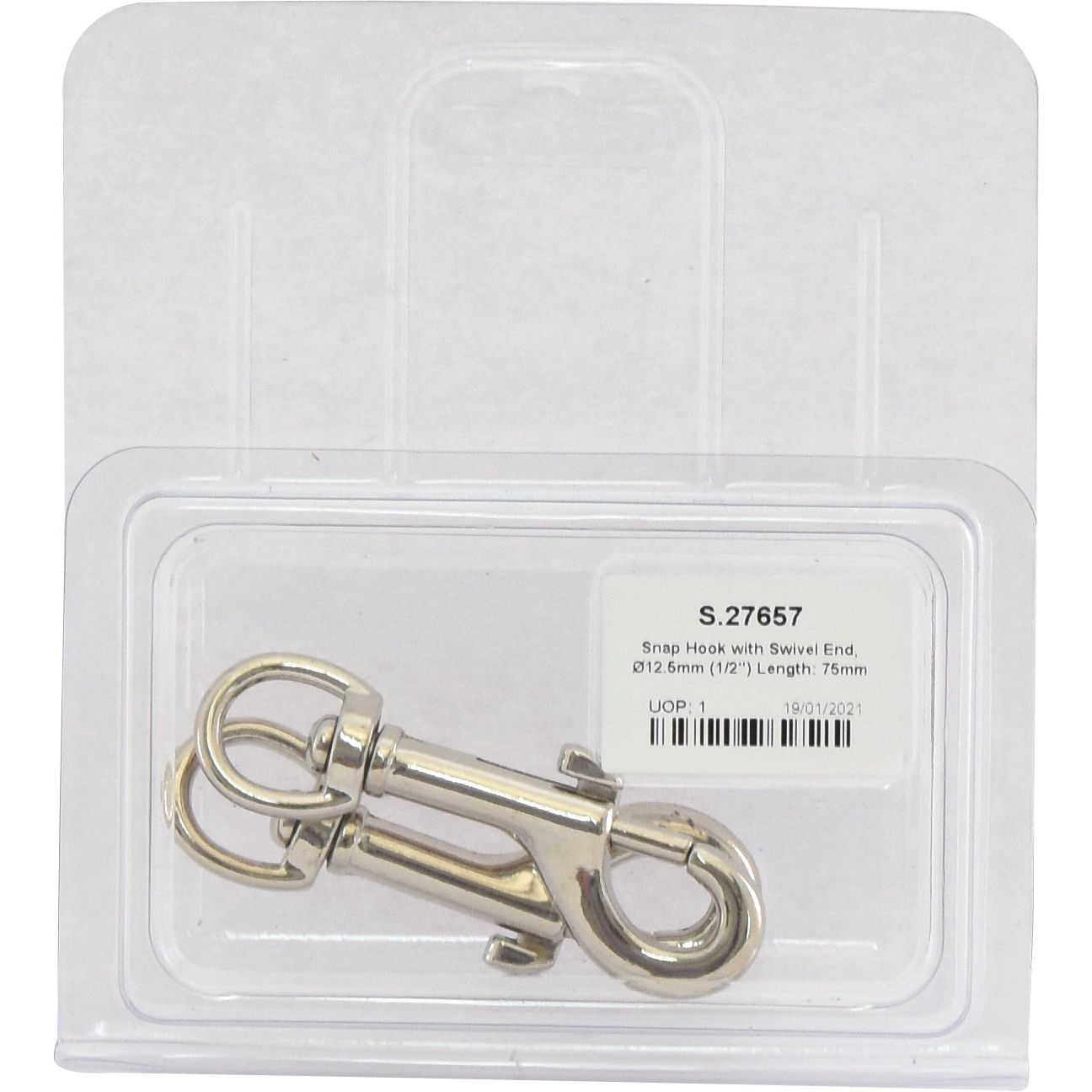 A silver snap hook with a swivel end in packaging. Label reads "Sparex Snap Hook with Swivel End, Ø12.5mm (1/2''), Length: 75mm (3''), Sparex Part No.S.27657.