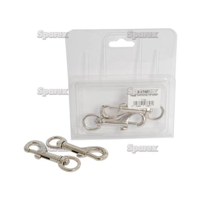 A package containing three Snap Hooks with Swivel End (Ø12.5mm, 75mm in length) from Sparex is displayed, with one snap hook shown outside the packaging. The product label and Sparex logo are visible.