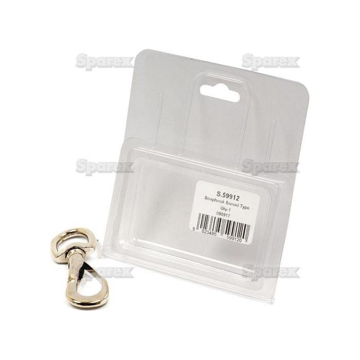 A Snap Hook with Swivel End, Ø20mm (3/4'') and 93mm (3 3/4'') in length, is displayed next to its clear plastic packaging labeled "Sparex Part No. S.59912.