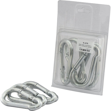 Two metal carabiner clips sit in front of a plastic package containing three additional Snap Hooks from Sparex, with a label displaying product details: "Snap Hook, Hook Ø10mm x 100mm | Sparex Part No.S.4475.