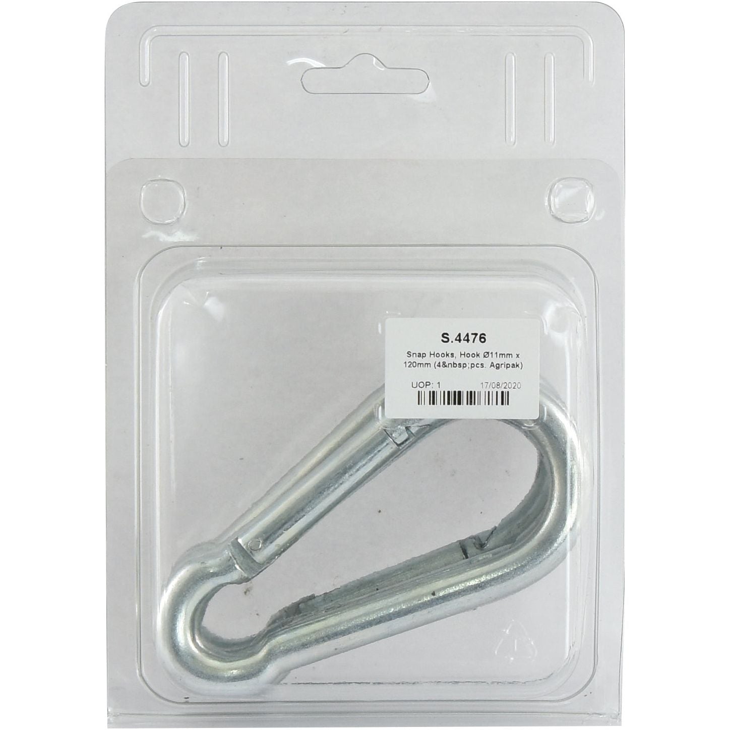 A metal snap hook in a clear plastic package with a white label displaying product information, featuring Snap Hook Ø11mm x 120mm by Sparex, part number S.4476.