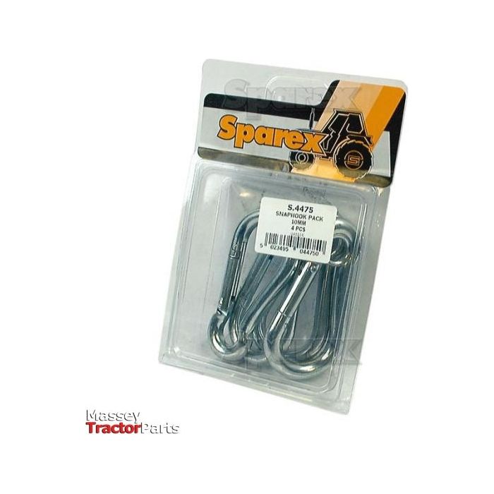 A packaged set of four silver snap hooks labeled "Snap Hook, Hook Ø10mm x 100mm | Sparex Part No.S.4475," featuring Hook Ø10mm. The branding is "Sparex.