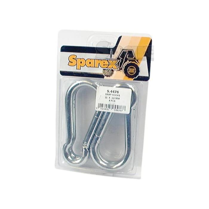 A package of two Snap Hooks branded "Sparex," labeled with Part No. S.4476, in a clear plastic display, with product information printed on a white sticker, featuring a Hook Ø11mm x 120mm for added versatility.