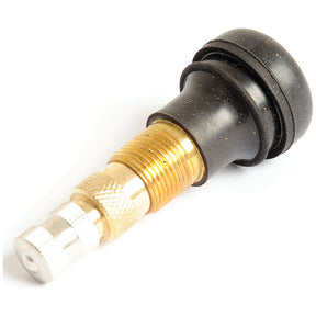 Close-up of a Snap-In Air/Water Valve A 35, featuring a brass tire valve stem with a black rubber base and silver cap, suitable for inflating vehicle tires and falling under Tariff Code 8481900090. This product is available as Sparex Part No. S.52790 from the Sparex brand.