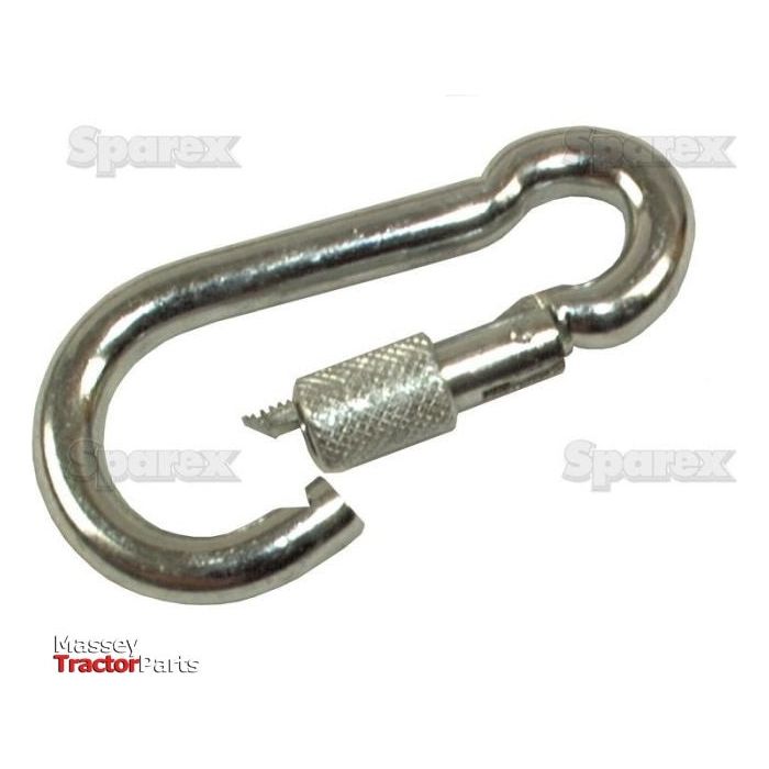 A Snap Hook & Safety Lock (Hook Ø9mm x 90mm), identified as Sparex Part No.S.11818, is shown against a white background. The partially open safety lock carabiner displays logos for Massey Tractor Parts and the brand Sparex.