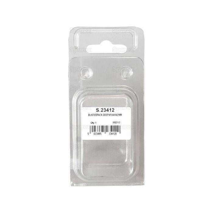 The clear plastic Snappack - Deep packaging (65 x 40 x 42mm) features a white label displaying "S.23412" and a barcode, branded under Sparex. The design appears empty but is intended to securely hold a product.