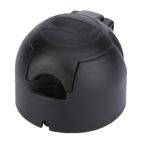 An AGCO branded black plastic trailer tow hitch cover, featuring a rounded top and a notch at the front, is compatible with Massey Ferguson tractor parts from the 100 Series (Product Name: Massey Ferguson - Socket 7 Pin - LA5102156).