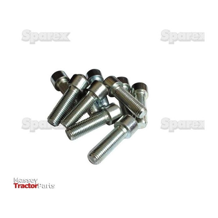 A pile of shiny, stainless steel M14x40mm socket capscrews (DIN 912) is shown on a white background with "Sparex" and "Massey Tractor Parts" logos in the corners.