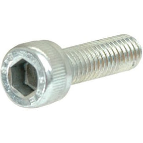 Close-up of a Sparex Socket Capscrew, M14x50mm (DIN 912) with Sparex Part No.S.53915. The silver fastener features a threaded body and a smooth, cylindrical head with a hexagonal recess for a wrench, highlighting its precise engineering.