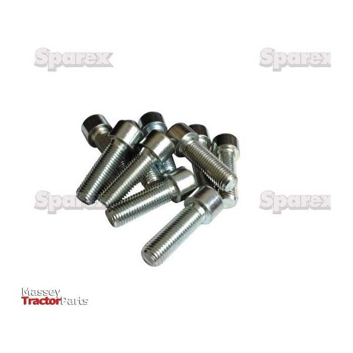 A group of eight metallic bolts, identified as Socket Capscrews, M16x40mm (DIN 912) under Sparex Part No.S.53918, are arranged in a pile on a white background. The image is overlaid with "Sparex" and "Massey Tractor Parts" logos.