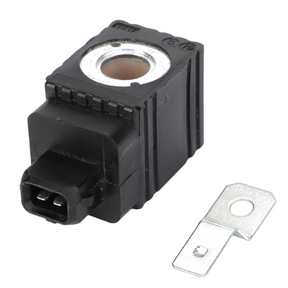 A rectangular black electrical solenoid valve coil with two prongs next to a metal connector, perfect for Massey Ferguson 3000 Series tractor parts, the AGCO Massey Ferguson Solenoid - 3619763M1.