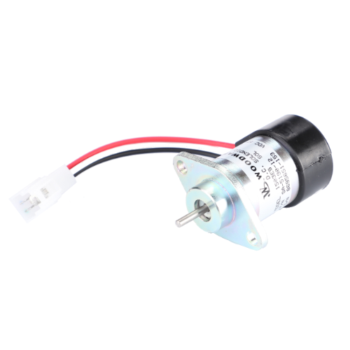 A Massey Ferguson - Solenoid - 6242128M1 from AGCO, featuring a cylindrical black housing, two attached wires (red and black), and a metal mounting plate at the base. The component includes a white connector at the end of the wires.