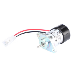 A Massey Ferguson - Solenoid - 6242128M1 from AGCO, featuring a cylindrical black housing, two attached wires (red and black), and a metal mounting plate at the base. The component includes a white connector at the end of the wires.