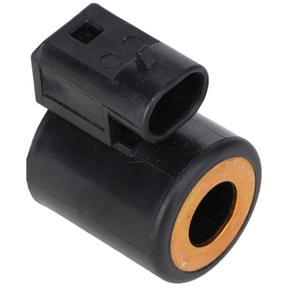AGCO's Massey Ferguson - Solenoid Side Plate - 3791412M1 is a black plastic automotive connector featuring a cylindrical shape and an orange inner ring, designed to be compatible with Massey Ferguson tractor parts, specifically the 4200 Series.