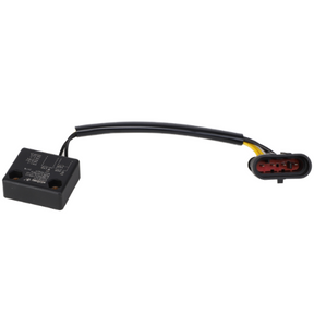 The AGCO Massey Ferguson - Solenoid Switch - ACW0703140 is a black electrical connector with a short cable and red internal components. It features labeled, boxed components and a wiring harness that includes three wires (black, yellow, and orange), making it suitable for use with the Massey Ferguson DYNA VT.