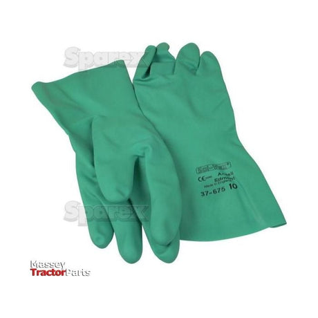 A pair of green Sparex Solvex Nitrile Gloves - 9/L (S.54245), featuring text labels on the right glove, captioned "37-675 10" and "EN374." The background is white with a logo and text at the bottom left.