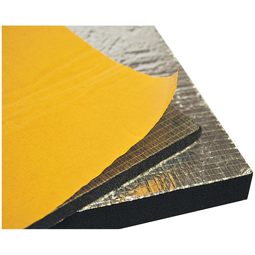 Close-up of Sound absorbing material, Class 'O' Foam/Foil Face (Thickness: 25mm - S.101552) by Sparex, featuring a top layer of yellow film, a middle layer of black foam, and a bottom layer of silver foil. Suitable for various applications requiring noise reduction.