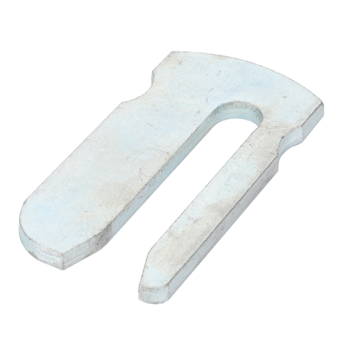 A metallic wedge-shaped object with a rectangular cutout, known as the Massey Ferguson Spacer (3785051M1) from AGCO, commonly found in the 5400 Series of Massey Ferguson tractor parts, used for securing or aligning components.