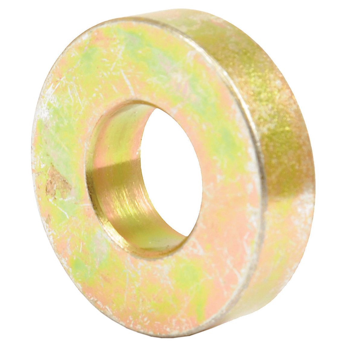 The image features a Spacer, Sparex Part No. S.65454, a slightly iridescent metallic washer with a large central hole, likely part of the Front Axle for Farmtrac equipment, displayed against a white background.