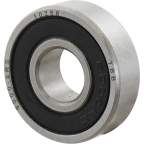 A close-up of a Sparex Deep Groove Ball Bearing (60002RS) - S.18032 with a metal outer ring and a black inner seal. The numbers 10258 and TBB are engraved on the edge.
