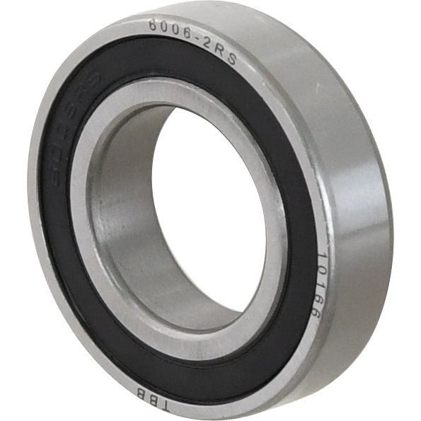 Close-up of a metal circular deep groove bearing with the inscriptions "6006-2RS" and "TO168" engraved on the rim. The Sparex Deep Groove Ball Bearing (60062RS) - S.18038 features black rubber seals, making it a suitable choice for Fiat L60.