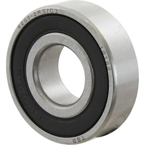 A close-up of the Sparex Deep Groove Ball Bearing (62032RSC3) - S.22195, showcasing the engraved code "6203-2RS/C3" on its sleek metal surface and a black interior ring typical of Deep Groove Bearings from Sparex.