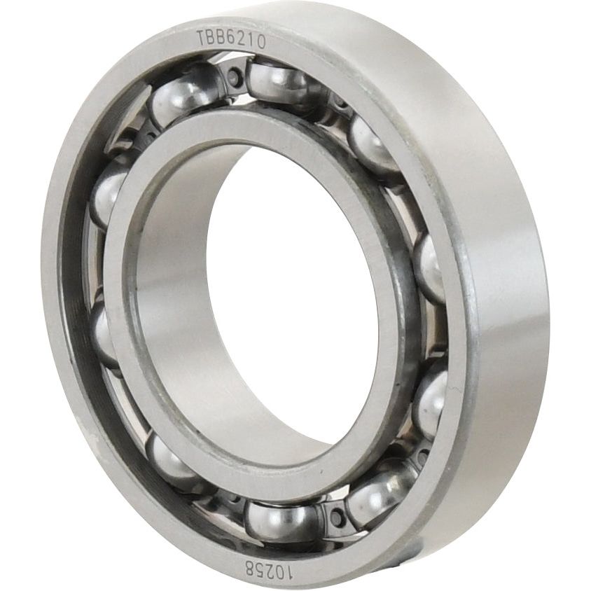 A close-up image of a Sparex Deep Groove Ball Bearing (6210Open) - S.18060 labeled "TBB6210 10258," showing an outer and inner ring with metal balls in between, typically used in Fiat Tractors.