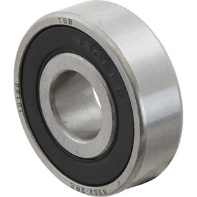 Close-up view of a single Sparex Deep Groove Ball Bearing (63022RS) - S.18132 featuring a metal outer ring and black inner ring, engraved with "6302-RS" and other markings.