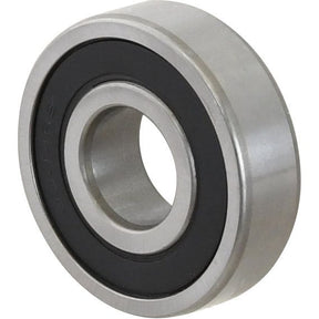 Close-up of a Sparex Deep Groove Ball Bearing (63042RS) - S.18134 featuring a central hole and an outer metallic ring. The deep groove bearing showcases a black inner ring and a smooth, polished surface.