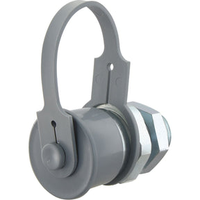 A Sparex Dust Cap Fits Male Brake Coupling - S.10830, featuring a gray PVC construction with a threaded end and a flexible protective cap attached by a loop.