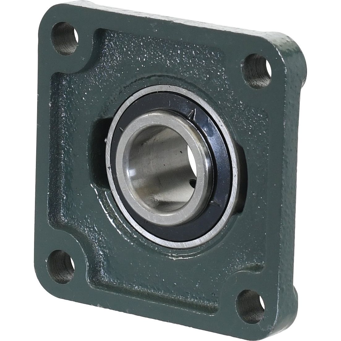 Image of a green, square Sparex Four-Bolt Flanged Unit (UCF206), Sparex Part No.S.18402, featuring four mounting holes and a central metal bearing.