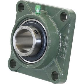 The Sparex Four-Bolt Flanged Unit, part number S.18404, features a green flange bearing housing with a metal-bearing insert, circular opening, and four corner mounting holes. It is designed to accommodate the metric UCF208 bearing for reliable performance.