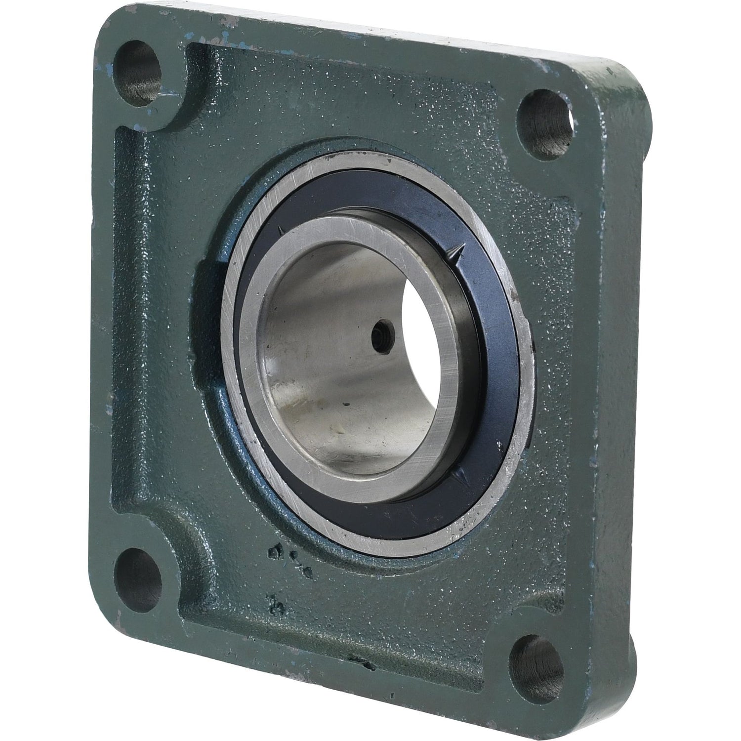 The Sparex Four-Bolt Flanged Unit (UCF213), with part number S.18409, is a square flange bearing featuring four bolt holes and a centralized cylindrical inner ring. The metal housing is green, and the metric bearing itself is metallic.