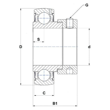 This technical engineering diagram presents a cross-sectional view of a cylindrical rolling bearing assembly, complete with labeled components (D, d, G, S, C, B1). It includes specific details about the Sparex Plummer Block Bearing Insert (ES207) - S.18176 utilized in Claas CAT LEXION machinery.