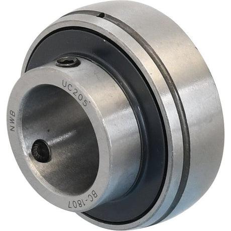 A Sparex Plummer Block Bearing Insert (UC205) - S.27257, featuring identification markings "UC205" and "NWB," a central hole, and a set screw for secure attachment, is available from Sparex.
