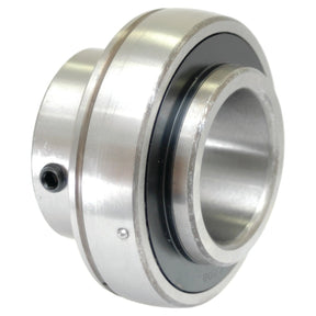 Close-up of the Sparex Plummer Block Bearing Insert (UC208) - S.27260, featuring a shiny cylindrical body, black inner ring, and a small screw on the side. This metric bearing includes a 2RS seal for enhanced durability.