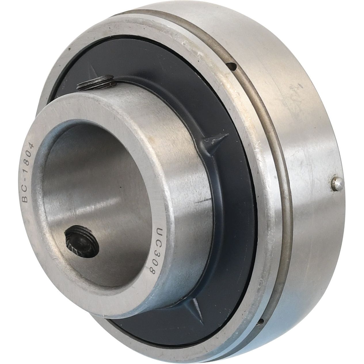 A detailed view of the Sparex Plummer Block Bearing Insert (UC308) - S.55220, showcasing its circular shape with a central hole and black interior components, engineered to precise metric standards by the brand Sparex.