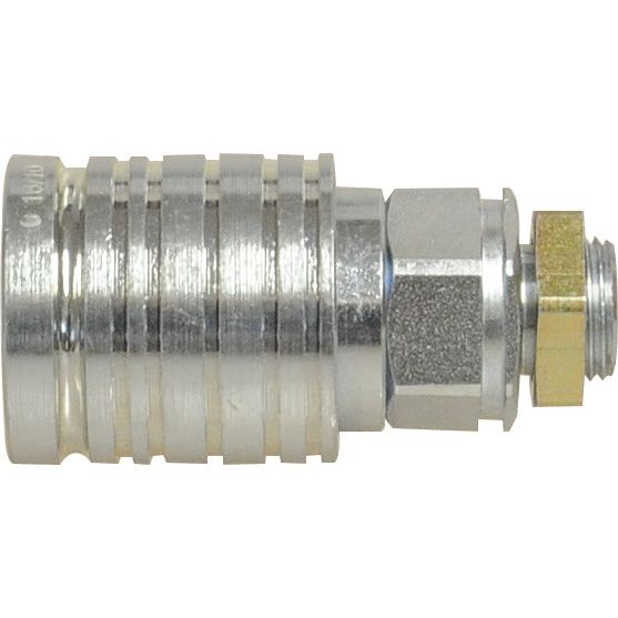 Close-up of the Sparex Quick Release Hydraulic Coupling Female 1/2'' Body x M18 x 1.50 Metric Male Thread (Sparex Part No.S.30212) with a metallic quick-connect coupling fitting featuring a poppet valve design.