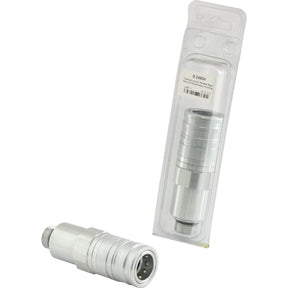 A close-up of a metal Sparex Quick Release Hydraulic Coupling Female 1/2'' Body x M22 x 1.50 Metric Male Thread next to its packaging. The packaging displays a product label with specifications, including the Sparex Part No.S.24834 (Agripak 1 pc.).