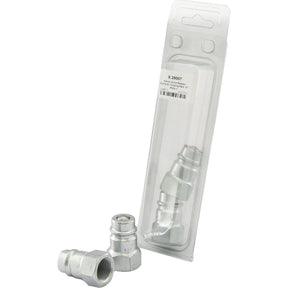 Two metal hydraulic hose fittings are pictured. One fitting, a Sparex Quick Release Hydraulic Coupling Male 1/2'' Body x 1/2'' BSP Female Thread (Agripak 2 pcs.), is outside a clear plastic packaging, while the other remains inside. A product label is attached to the packaging. The item is identified by Sparex Part No.S.28007.