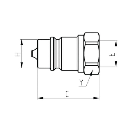 Technical drawing of the Sparex Quick Release Hydraulic Coupling Male 1/2'' Body x 3/4'' UNF Female Thread (Agripak 1 pc.) – Sparex Part No. S.28504, a cylindrical mechanical component made of Carbon Steel, featuring labeled dimensions H, E, Y, and C.
