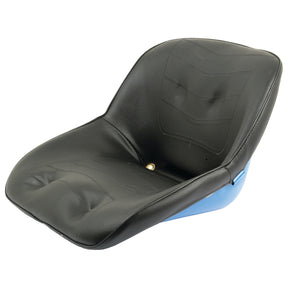 A black padded seat with a smooth finish and subtle stitching on a blue base, the Sparex Seat Assembly (Sparex Part No. S.20351) by Sparex is designed for comfortable seating.