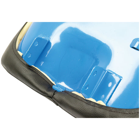 Close-up view of the underside of a Sparex Seat Assembly, Sparex Part No.S.20351, featuring a blue metal base and black foam padding secured by brackets.
