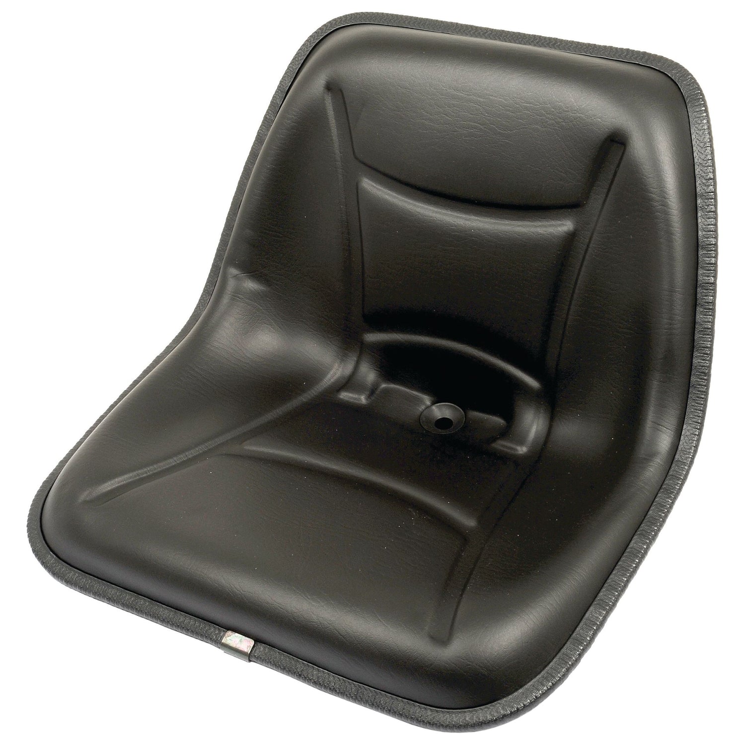 The Sparex Seat Assembly - S.2112, a black molded plastic seat compatible with John Deere equipment, features a contoured design and a small drain hole in the center.