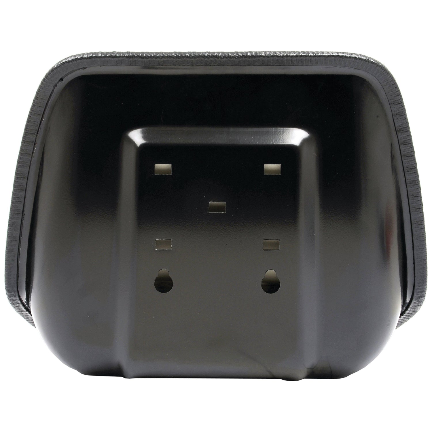 Front view of a black metal roasting pan with slots and holes at the bottom for drainage, compatible with Sparex Seat Assembly - S.2112 accessories from Sparex.