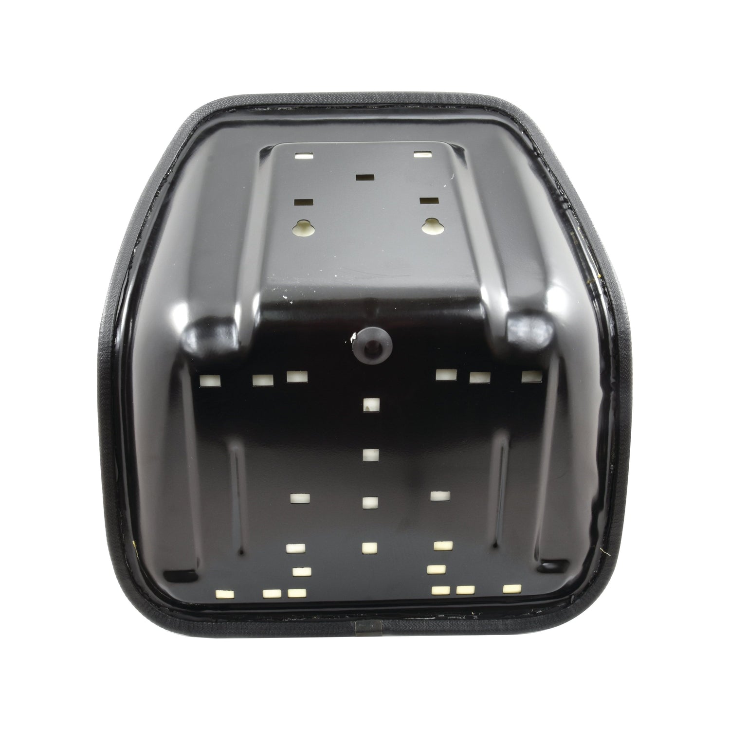 A black metal housing with multiple small square and circular perforations, likely part of an electronic or mechanical device, compatible with the Sparex Seat Assembly - S.2112 from Sparex.