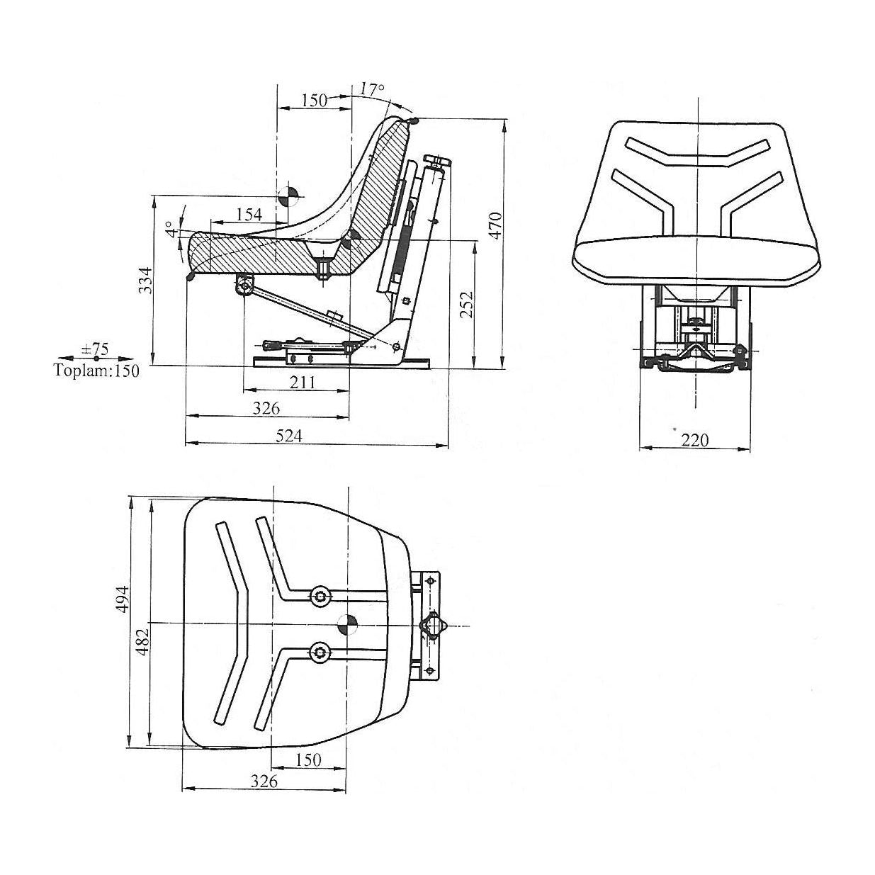 Technical drawing of the Sparex Seat Assembly (Sparex Part No. S.29961) showing side, front, and top views with measurements.